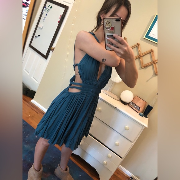 Vintage Free People Cut Out Dress XS Mini Sundress Flowy Loose Deep V - Picture 7 of 10